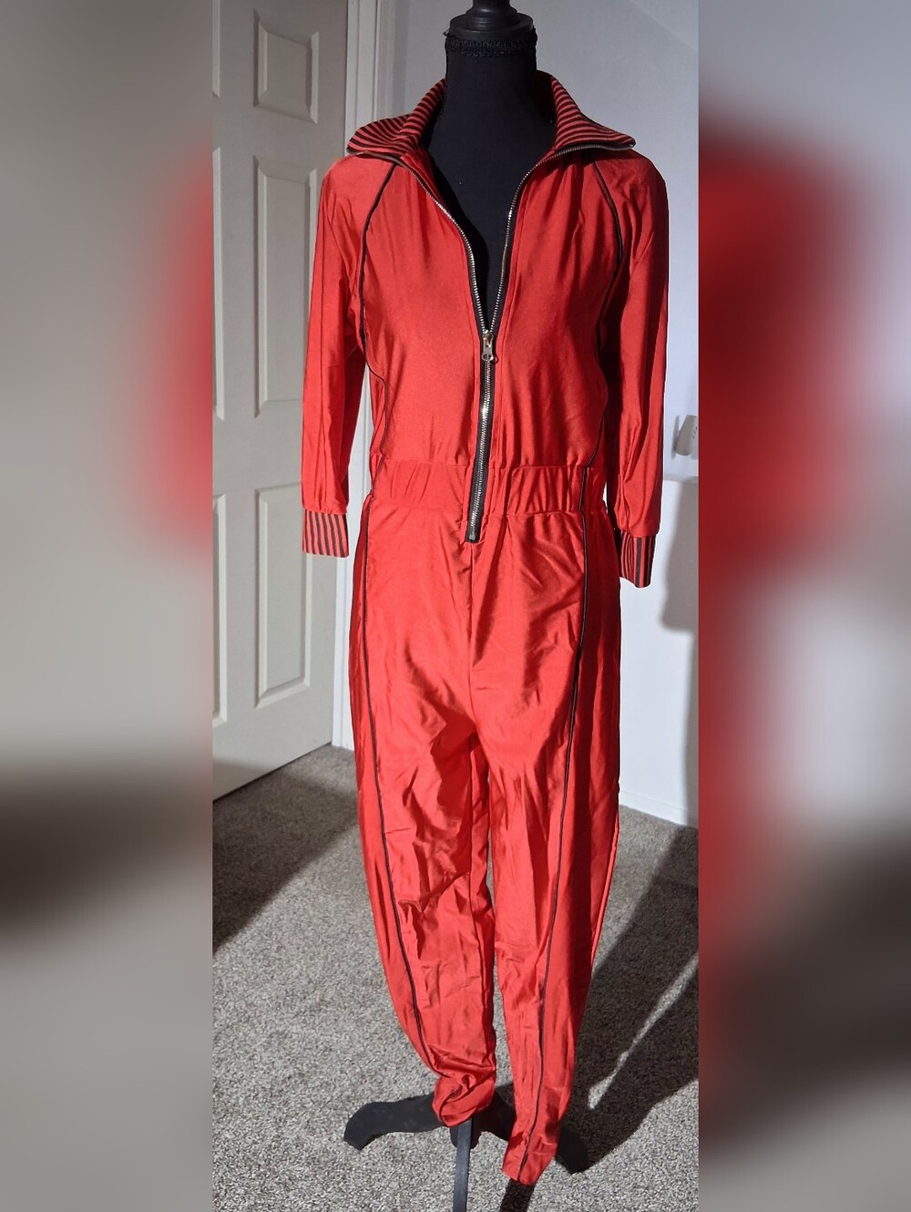Aria Clothing Red and Black Bodycon Striped-Collar Jumpsuit